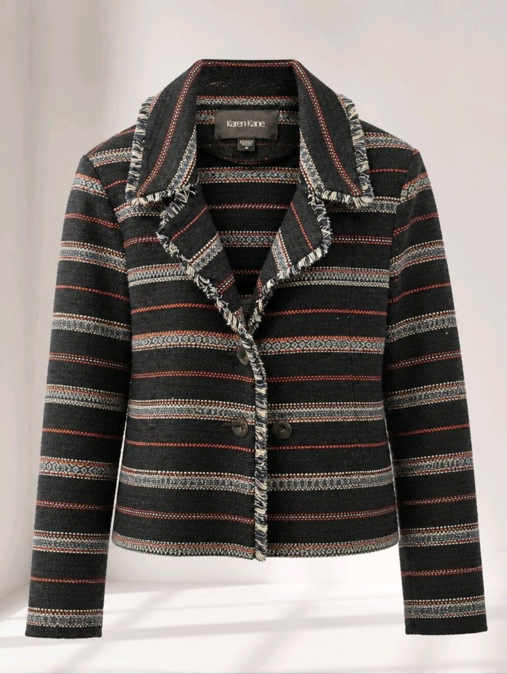 Karen Kane Black Striped Fringe Trim Jacket